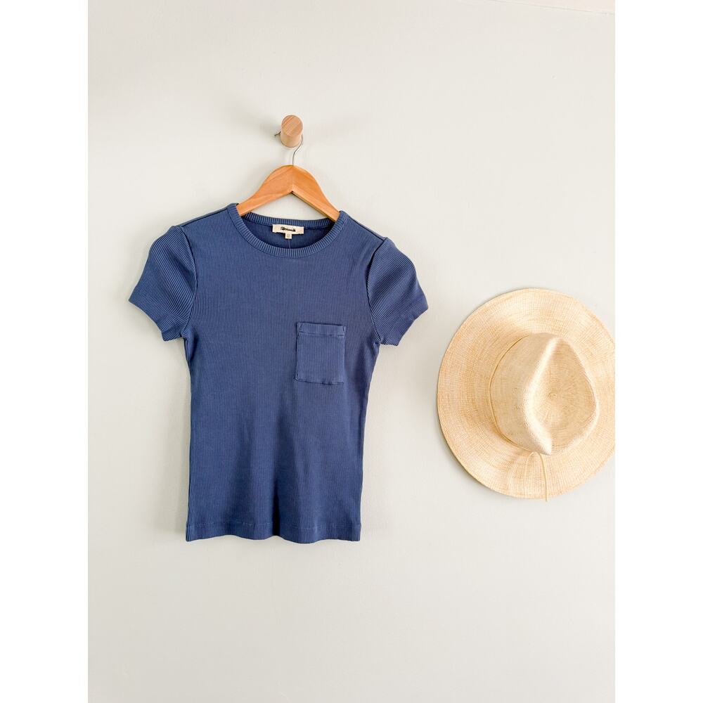 Madewell | NWT Ribbed Crewneck Pocket Tee Garment Dyed Delphinium Blue | Sz XS